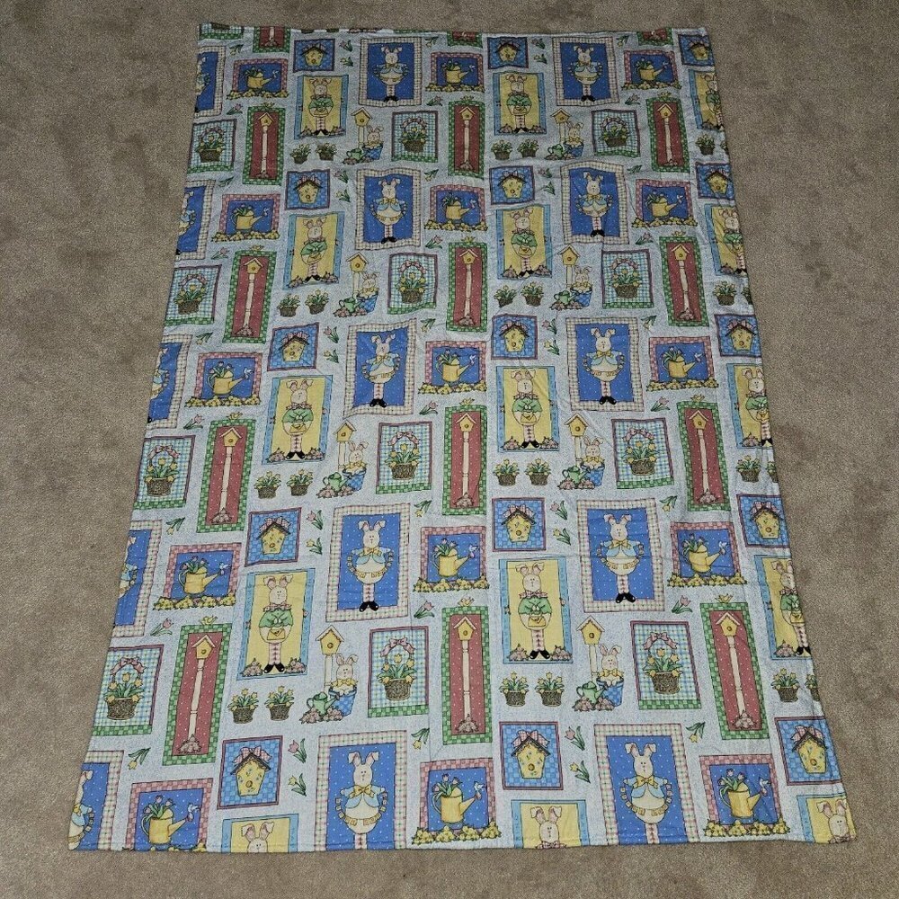 Handmade Blue Blanket Happy Spring Easter Bunny Rabbit Flowers Tulips Birds